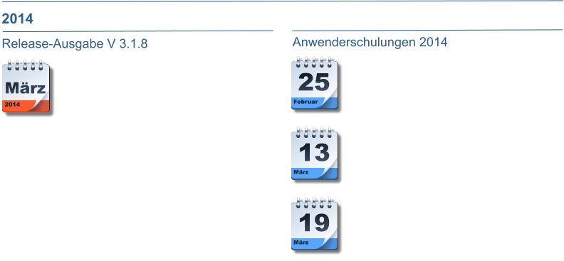 Release-Ausgabe V 3.1.8 2014 Mrz Ende Februar / Anfang Mrz ist die Auslieferung des neuen Release 3.1.8. des COBET-Systems geplant. Wie bereits beim Vorgnger-Release erfolgt die Auslieferung wieder als Downloadversion. Kunden mit entsprechenden Wartungsvertrgen werden per E-Mail informiert und erhalten Installationsuntersttzung per Fernwartung.  Anwenderschulungen 2014 Mrz 13 Februar 25 Mrz 19 Im Zusammenhang mit der Verfgbarkeit der neuen Releaseversion 3.1.8. des COBET-Systems sind eine Reihe von Schulungen und Workshops geplant. Der Beginn der Veranstaltungen ist der Workshop fr die Region Westdeutschland am 25.02.2014 in Neuwied, gefolgt von zwei Terminen fr die Region Ostdeutschland in Zeulenroda am 13.03.2014 und in Bitterfeld am 19.03.2014. Themen sind neben den Neuerungen der aktuellen Version auch spezielle Funktionen und Eigenschaften im COBET, die in der tglichen Arbeit sehr hilfreich sein knnen.   Neuwied Zeulenroda Bitterfeld 2014
